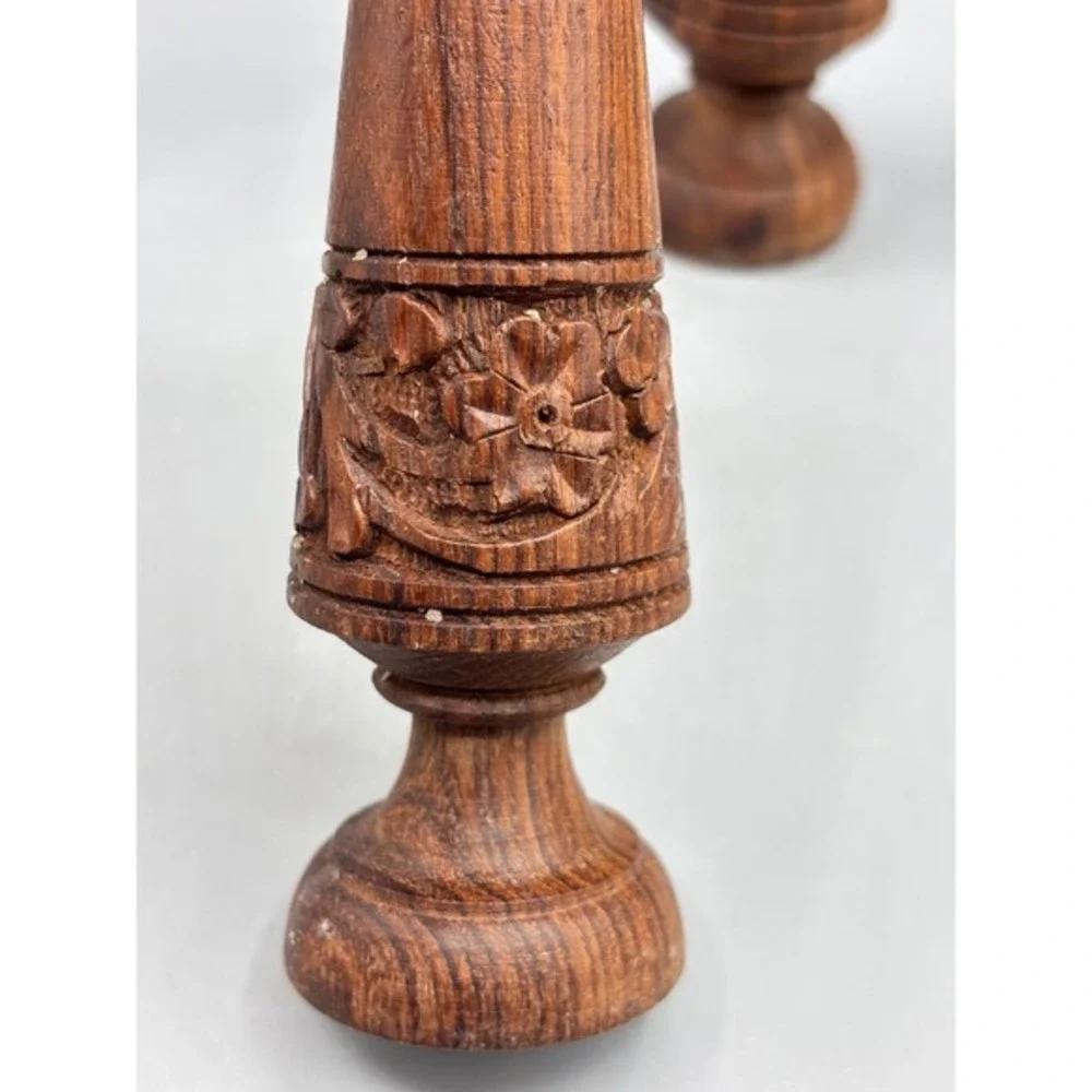 Vintage Carved Wooden Candlesticks Pair Floral Design Taper Boho‎
